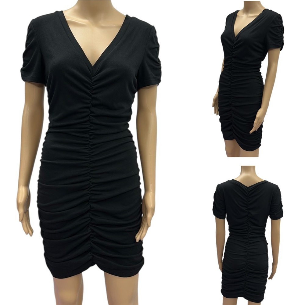 Aooksmery Black V Neck Cami Ruched Short Sleeve Formfit Mini Dress Womens Small
